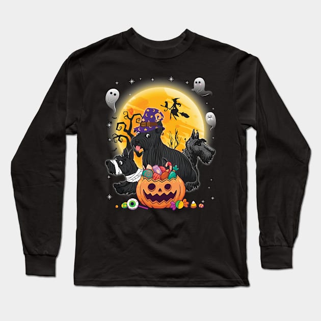 Scottish Terrier Dog Mummy Witch Moon Ghosts Happy Halloween Thanksgiving Merry Christmas Day Long Sleeve T-Shirt by joandraelliot